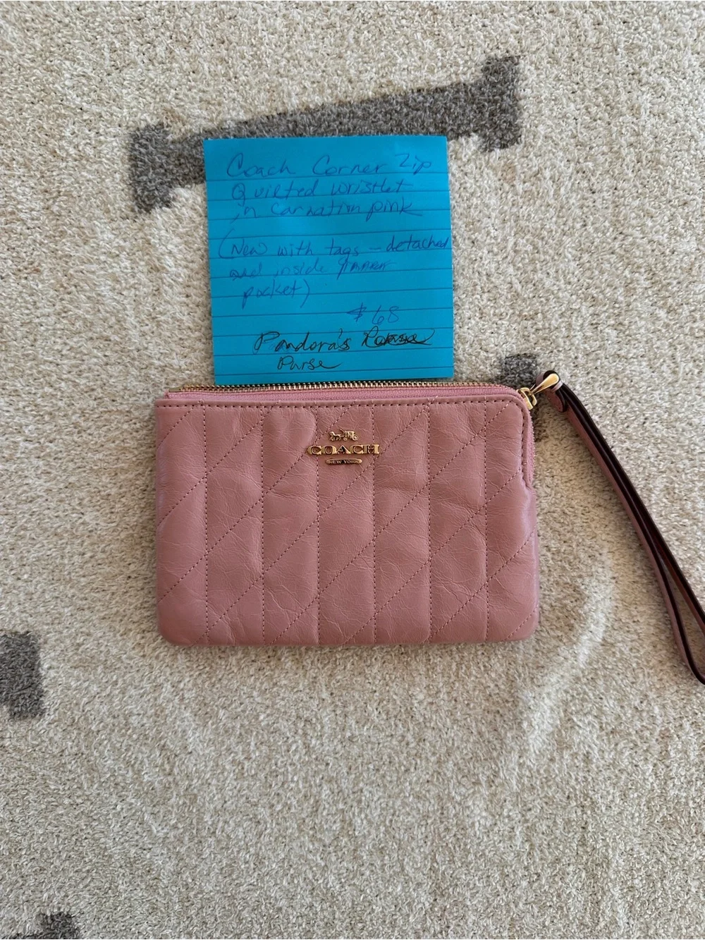 Coach Quilted Leather Wristlet in Rose Mauve with Gold Hardware